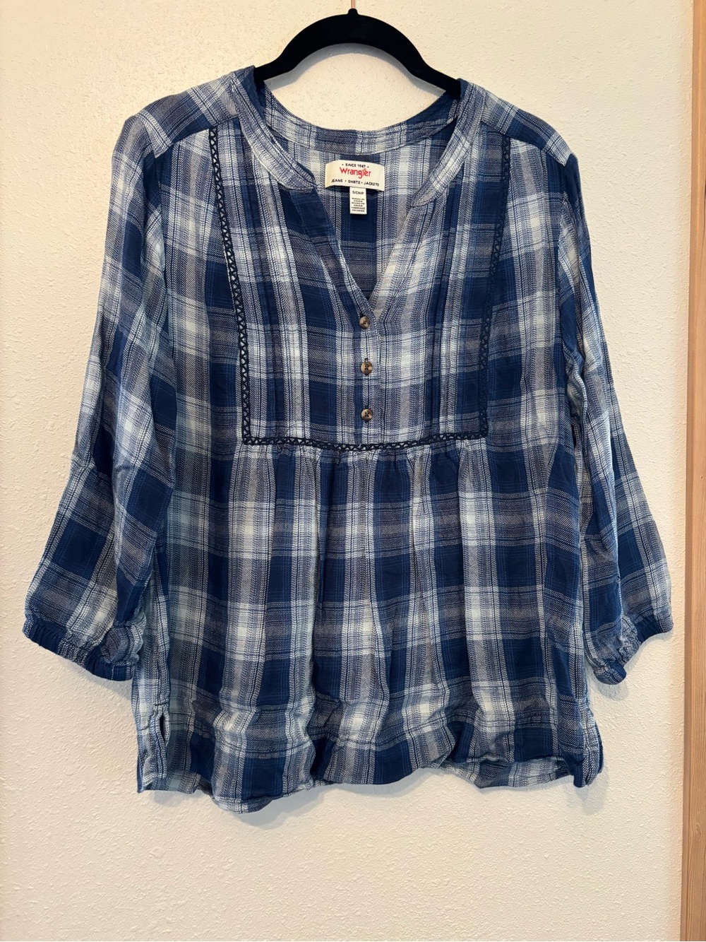 Wrangler Navy and White Plaid Peasant Tunic